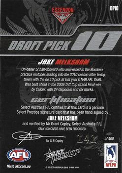 2010 Select AFL Prestige - Draft Pick Signatures #DP10 Jake Melksham Back